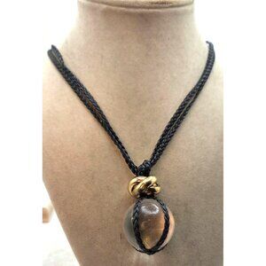 Handmade Black Braided Cord Necklace With Glass Pendant & Gold Accent Knot Detai